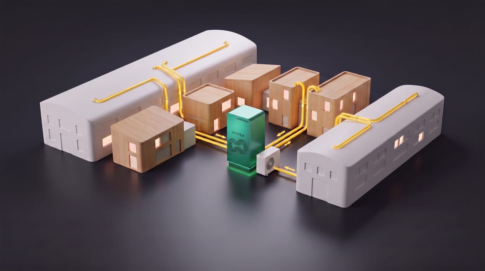 AI-generated placeholder: renovated factory site with timber buildings and an energy module