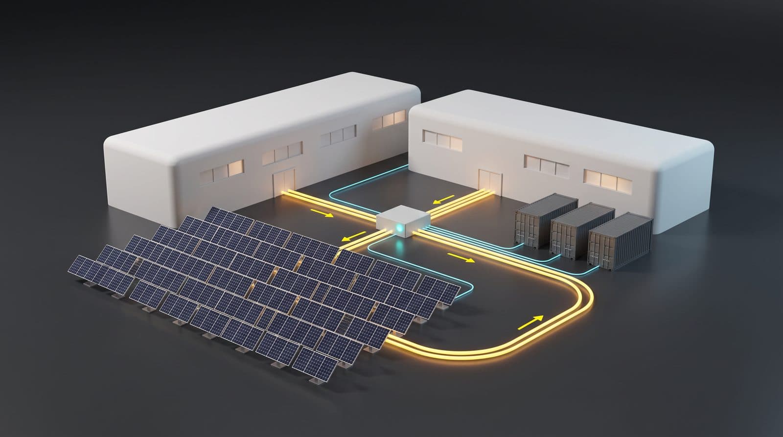 AI-generated placeholder: industrial site with a large photovoltaic system and battery storage containers