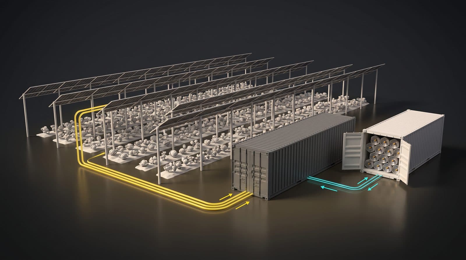 AI-generated placeholder: agri-photovoltaics on a desert farm with energy containers